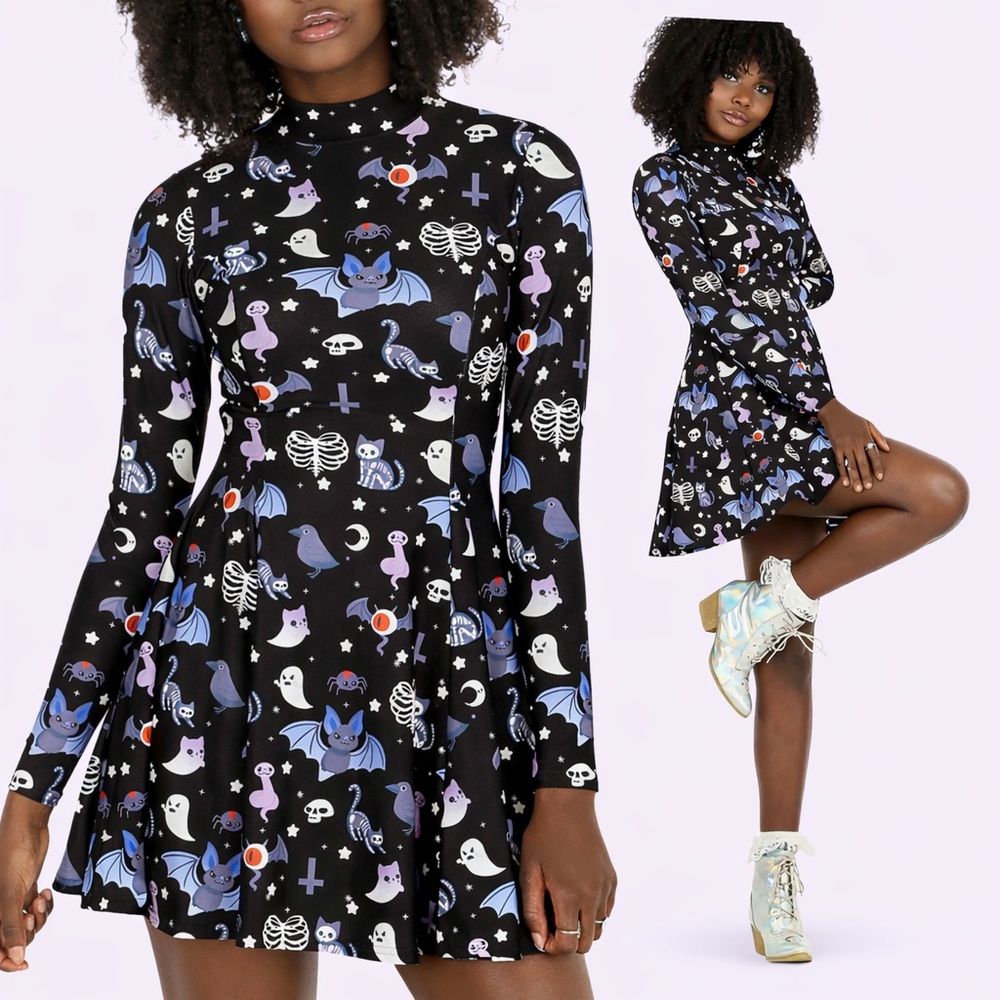 Black Milk Hauntingly Cute Evil Mini Long Sleeve Skater Dress XS BMC Halloween